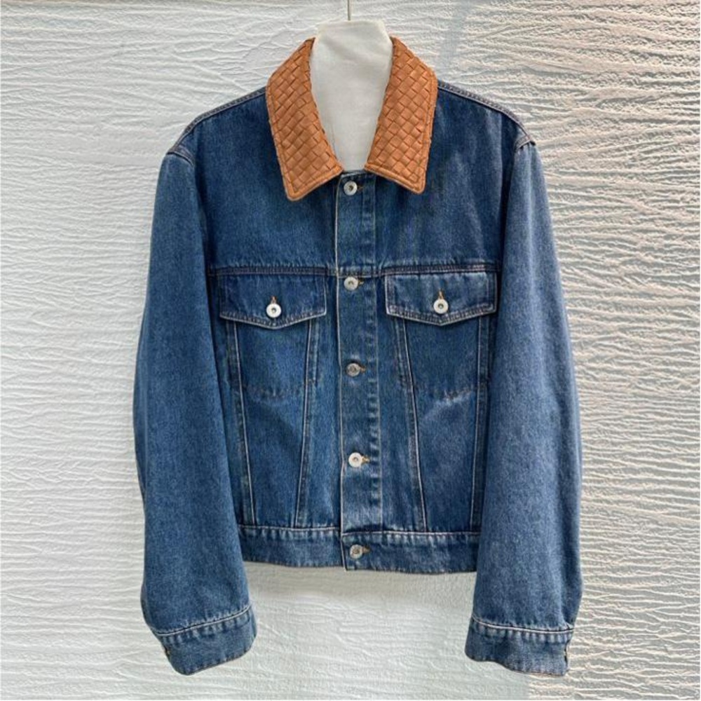 Bottega Veneta Blue Denim Jacket with Tan Woven Collar